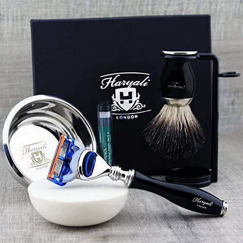 Haryali London Black Herren Rasierset mit 5 Edge Rasiermesser, Rasierpinsel, Rasierständer