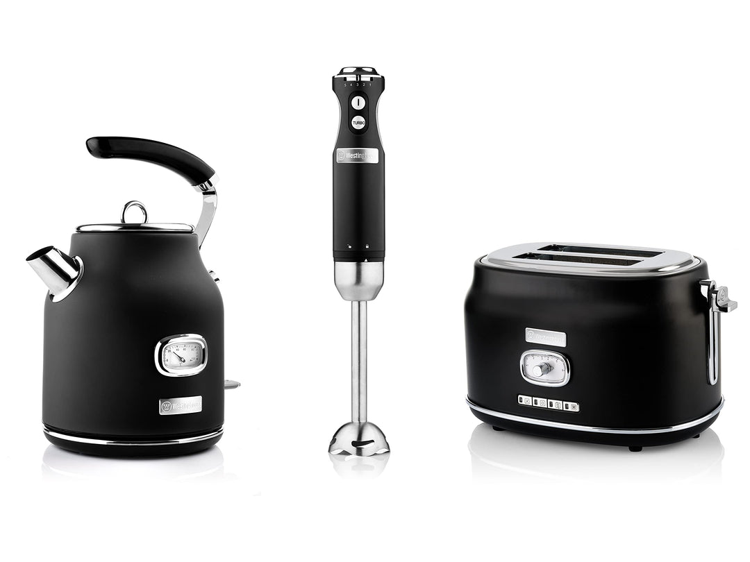 Westinghouse Retroline Frühstück-Set Schwarz, Toaster, Stabmixer & Wasserkocher, 1.7 Liter und Kalkf