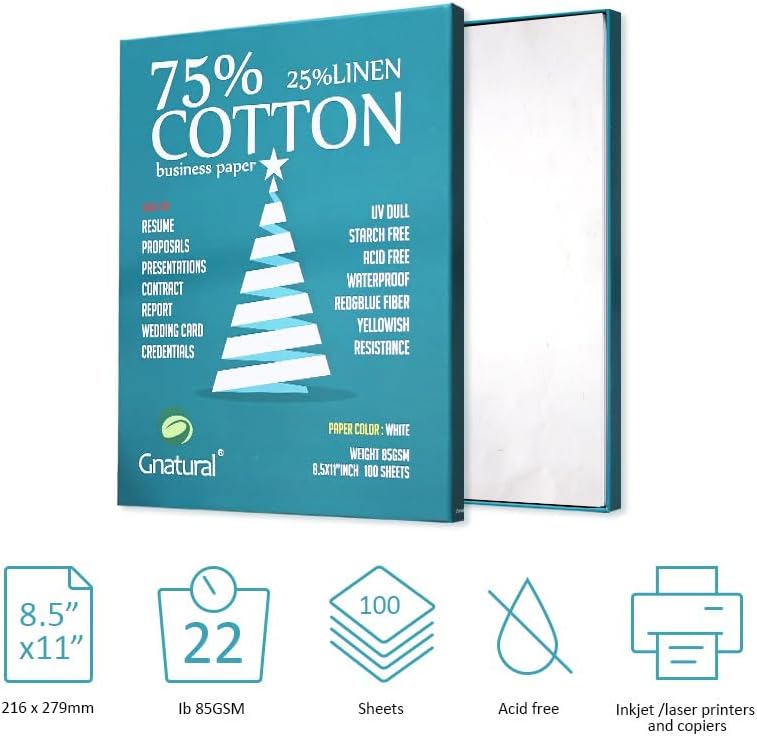 75% Baumwolle 25% Leinenpapier, 85 g/m², Laserdruckpapier, A4-Format, Weiss, 100 Blatt wasserfestes