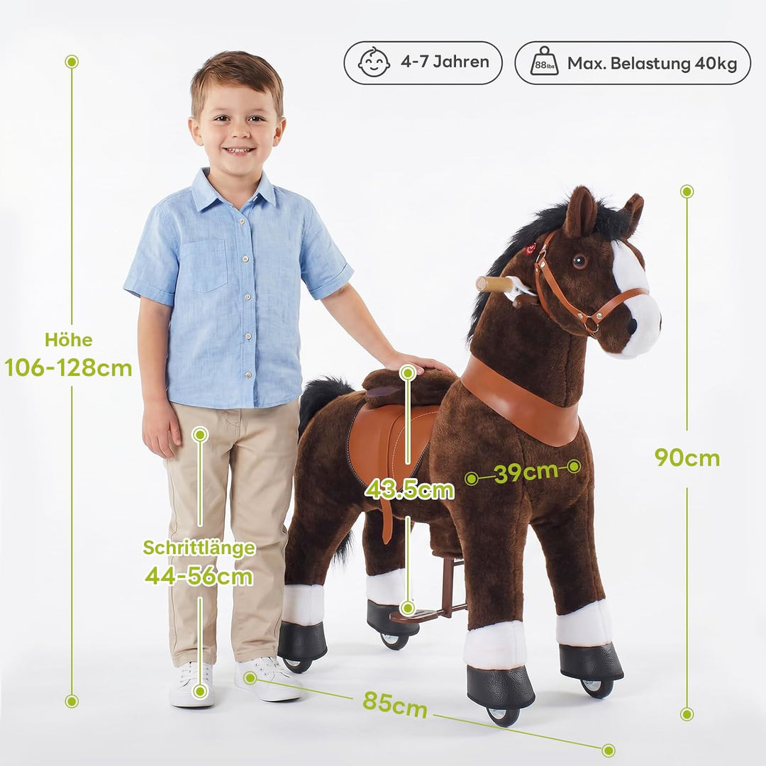PonyCycle® Schaukelpferd auf Rollen | für Kinder 4–7 Jahre, 89cm | Braunes Plüsch Reitpferd mit Hand