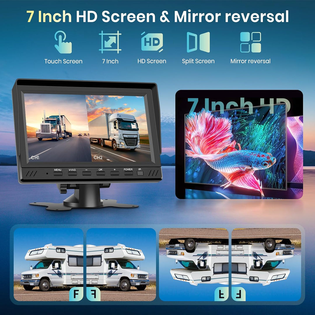 Hodozzy Rückfahrkamera Set mit 7 Zoll HD Monitor, 2 * Kameras Wasserdichtes Super Nachtsicht, Rückfa