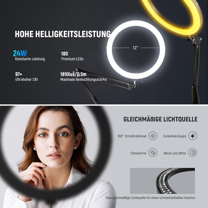 NEEWER RH12 12" 24W Hochleistungs LED Ringlicht Kompatibel mit iPhone 60" Überkopf Faltstativ mit Ha