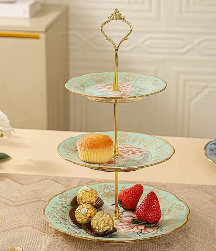 CHANJOON 3-stöckiger Keramik-Kuchenständer im Vintage-Stil mit schönem klassischem Rosenmuster, Lebe