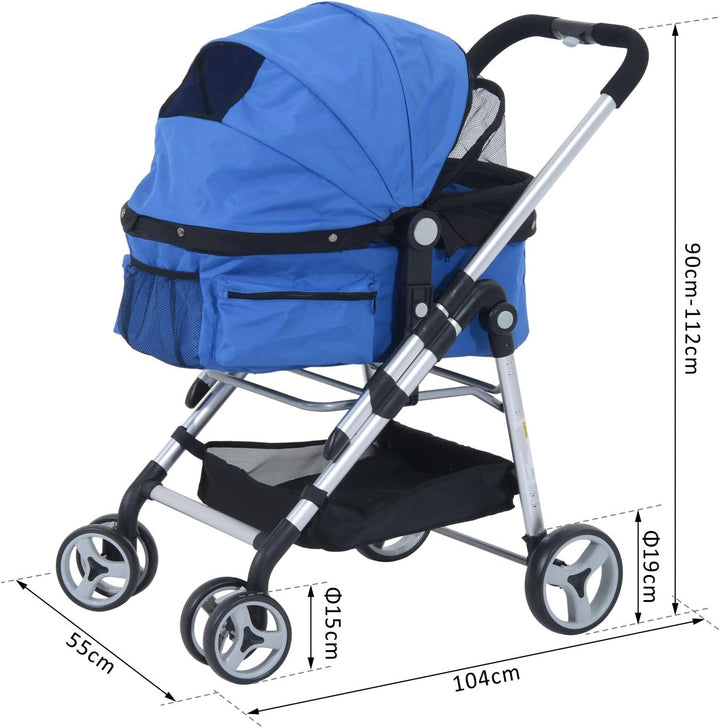 PawHut Hundewagen Hundebuggy Buggy Hunde Katzen Pet Stroller Hunde Buggy Blau Blau 75L x 45B x 97H c