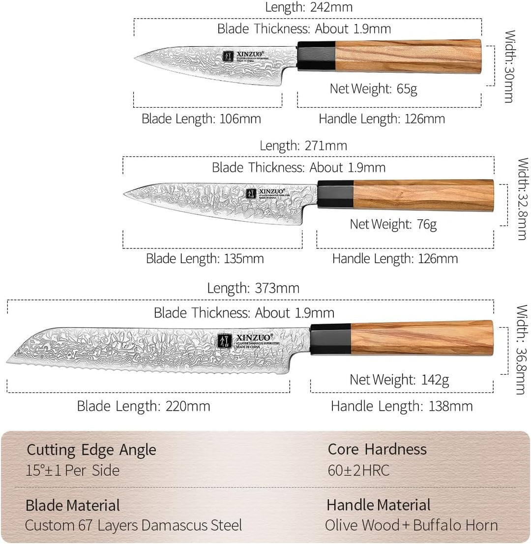 XINZUO Küchenmesser Set 5er 67 Schichten Damaststahl Chefmesser Set, Profi Geschmiedet Damaskus mess