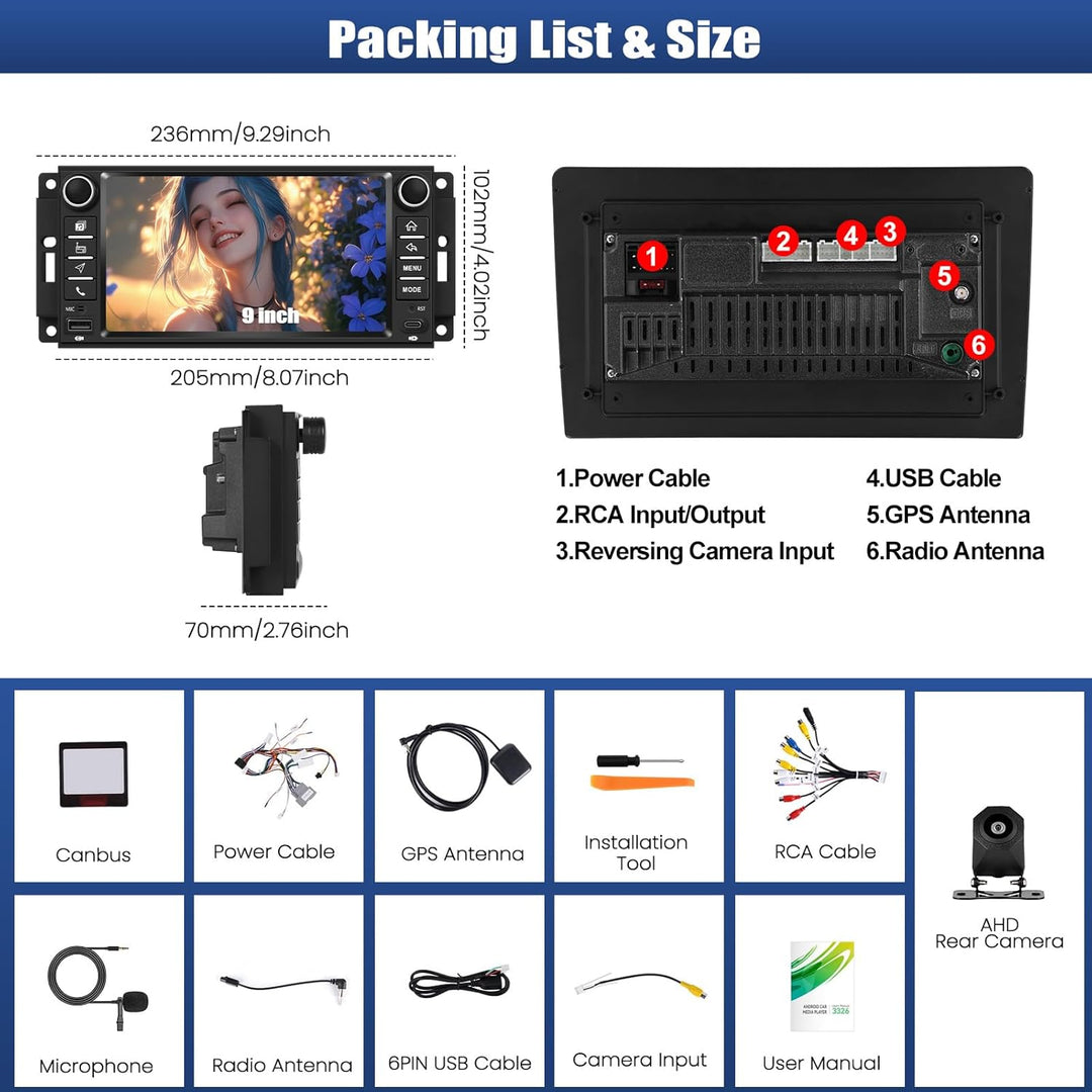 CAMECHO 4+64G 7 Zoll Android 15 Autoradio für Jeep Wrangler Dodge Challenger Compass, Navi Radio Blu