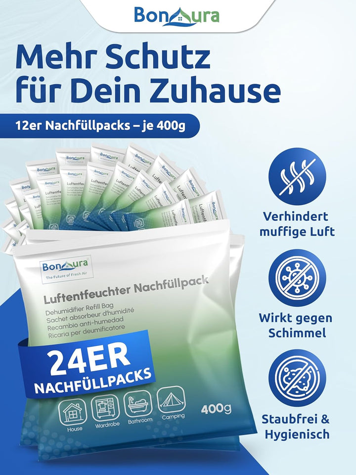 BonAura® Luftentfeuchter Nachfüllpack 24 x 400g - Grosses Sparset Luftentfeuchter Granulat - 24er Se