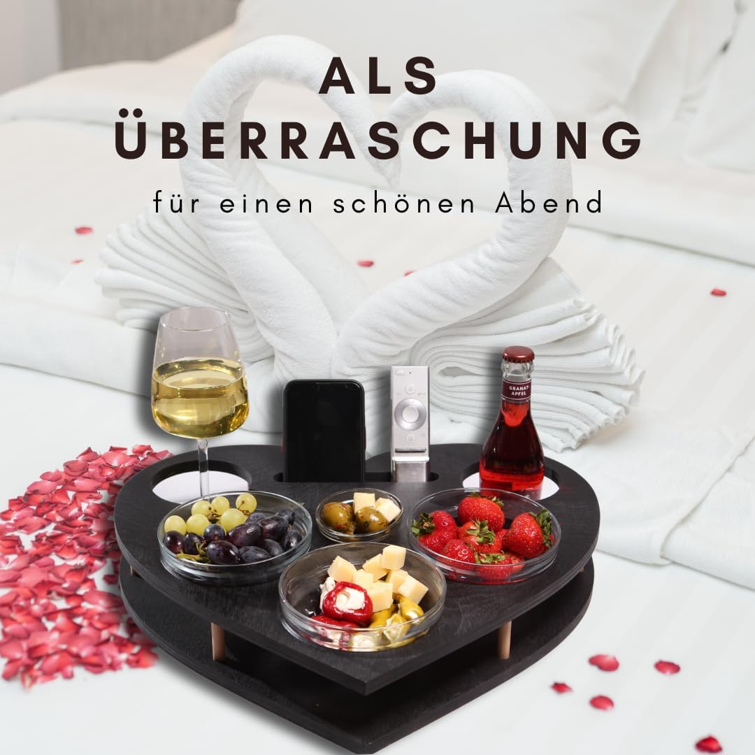 Herz Couchbar in Schwarz mit 4 Glasschalen - Sofatablett für Snacks & Getränke [stabil & sicher] Sna