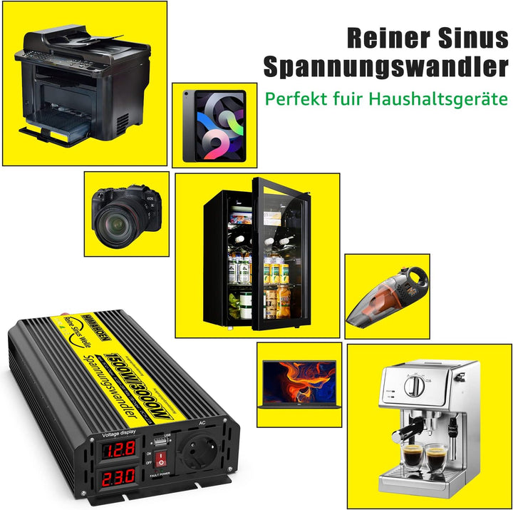 1500W/3000W Reiner Sinus Wechselrichter 12V auf 230V Reine Sinuswelle Spannungswandler, für Wohnmobi