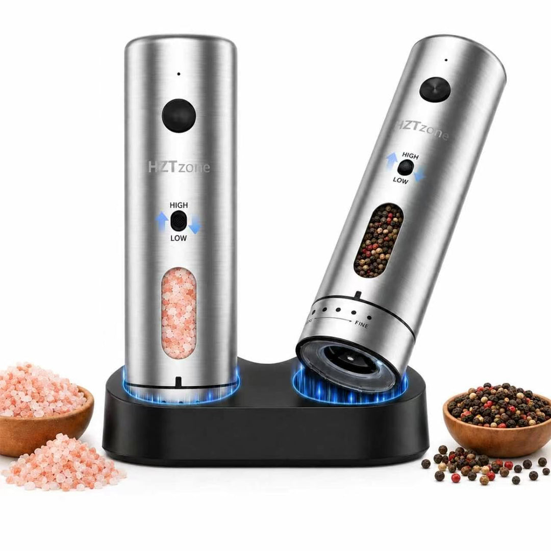 Salz und Pfeffermühle Elektrisch Set, HZTzone USB-C Wiederaufladbar Gewürzmühle mit Ladestation, Ker