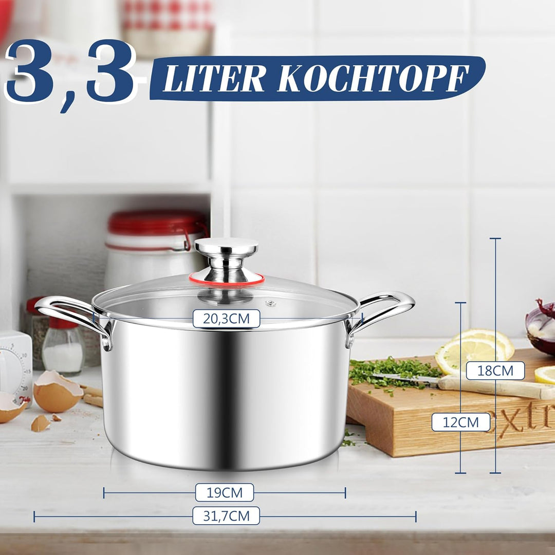 Joyfair Kochtöpfe, 20cm Kochtopf Suppentopf mit Glasdeckel, 3,3L Premium 3-Lagiger Edelstahl Fleisch