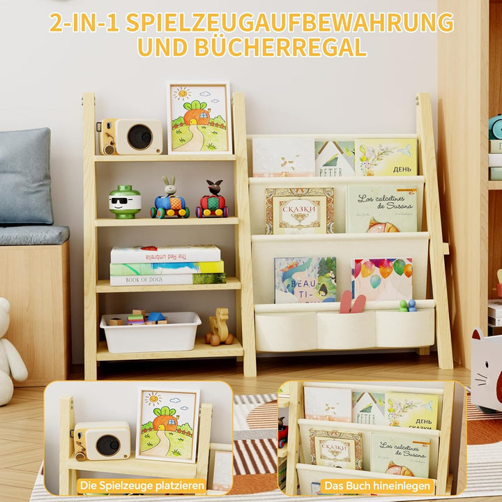 Bücherregal für Kinder, Holz, Vier Etagen Regal für Spielzeug Aufbewahrung, Montessori Bücherregal f