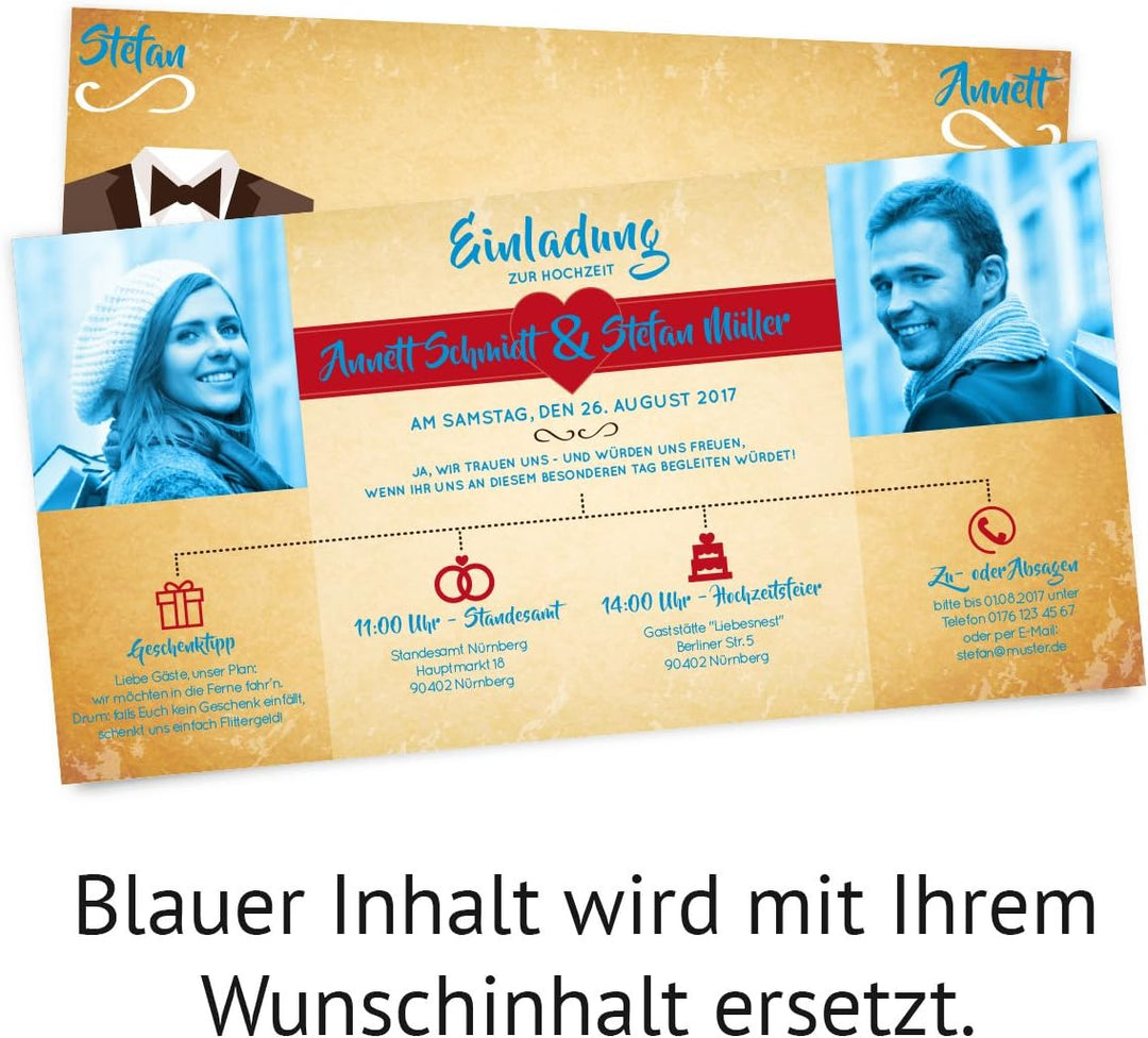 Hochzeitseinladungen (30 Stück) - Braut und Bräutigam Altarfalz - Hochzeitskarten in Vintage
