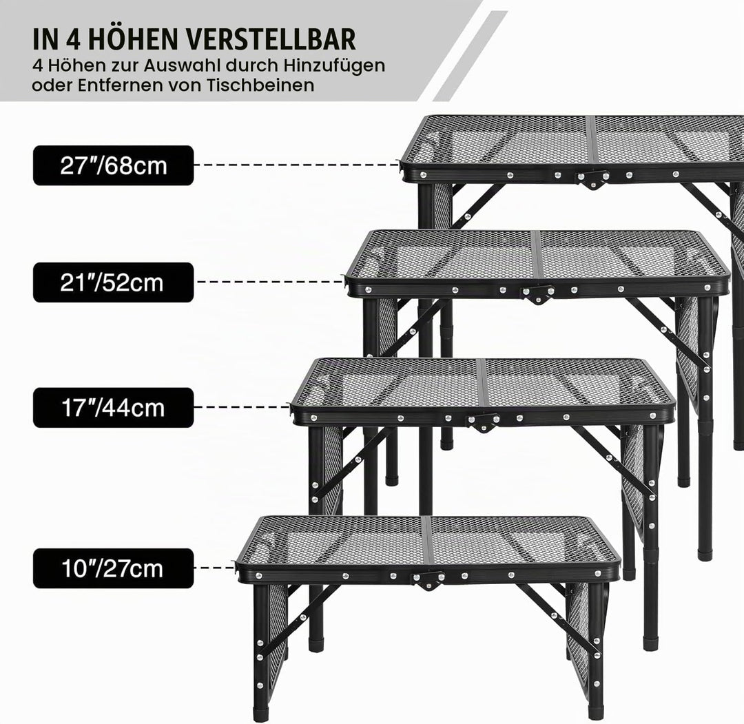 REDCAMP Tragbarer Campingtisch Klapptisch mit 4 Verstellbare, 90x41cm Klappbarer Multifunktionstisch