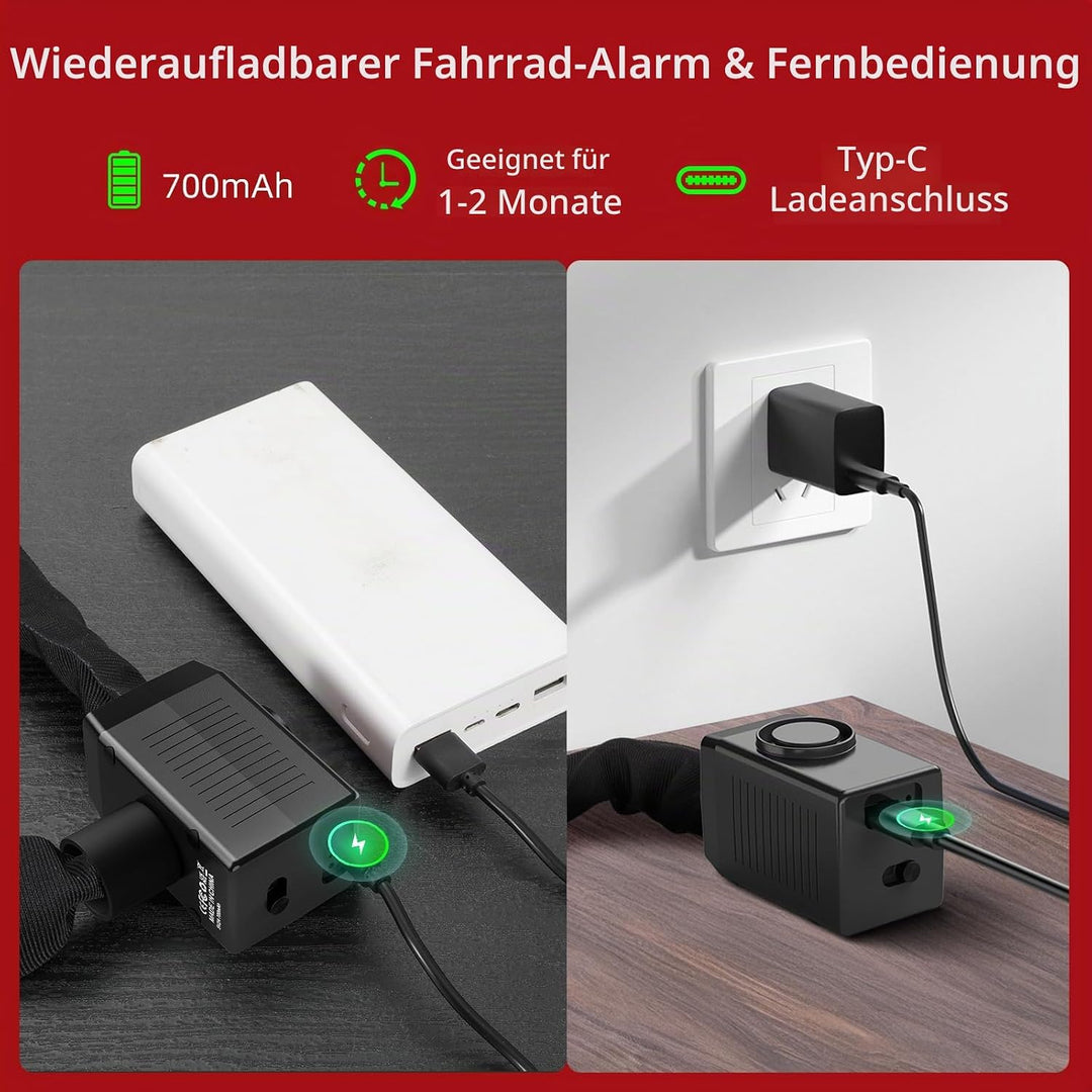 BANGTING 120CM Fahrradschloss Hohe Sicherheit mit 110dB Alarm, Kettenschloss mit 3 Schlüsseln, Anti-