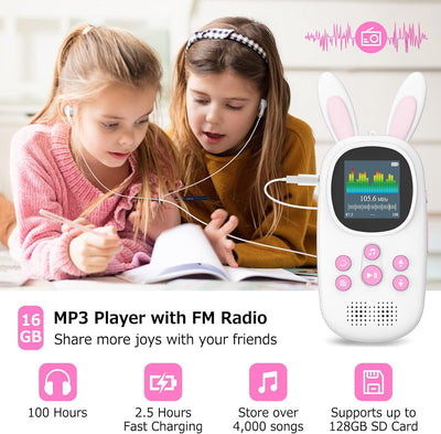 16GB Bluetooth MP3 Player , Niedlicher Hase Kinder Musik Player mit Kopfhörer & Lautsprecher, mit FM