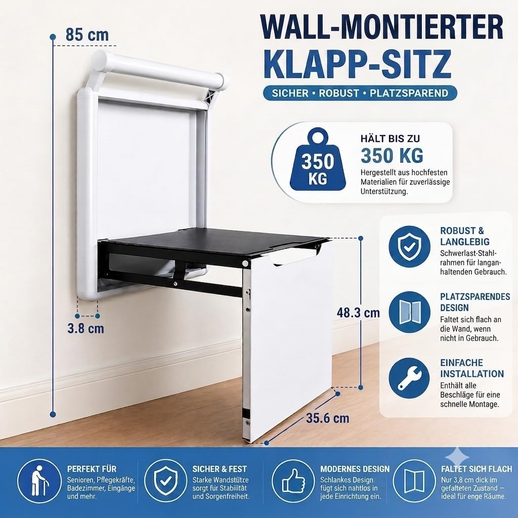Belastbar bis 350 kg rutschfeste Sitzfläche Wandmontierte Wandklappstuhl Wandhocker Duschklappsitz