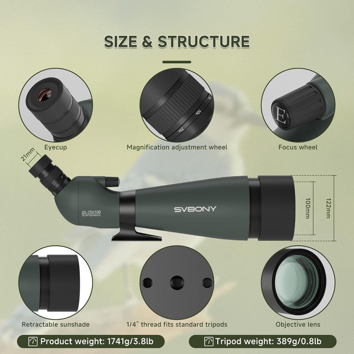 Svbony SV28 25-75x100mm Spektiv mit Stativ, Grosses Sichtfeld, Helle und Klare Bilder, HD BAK4 Porro
