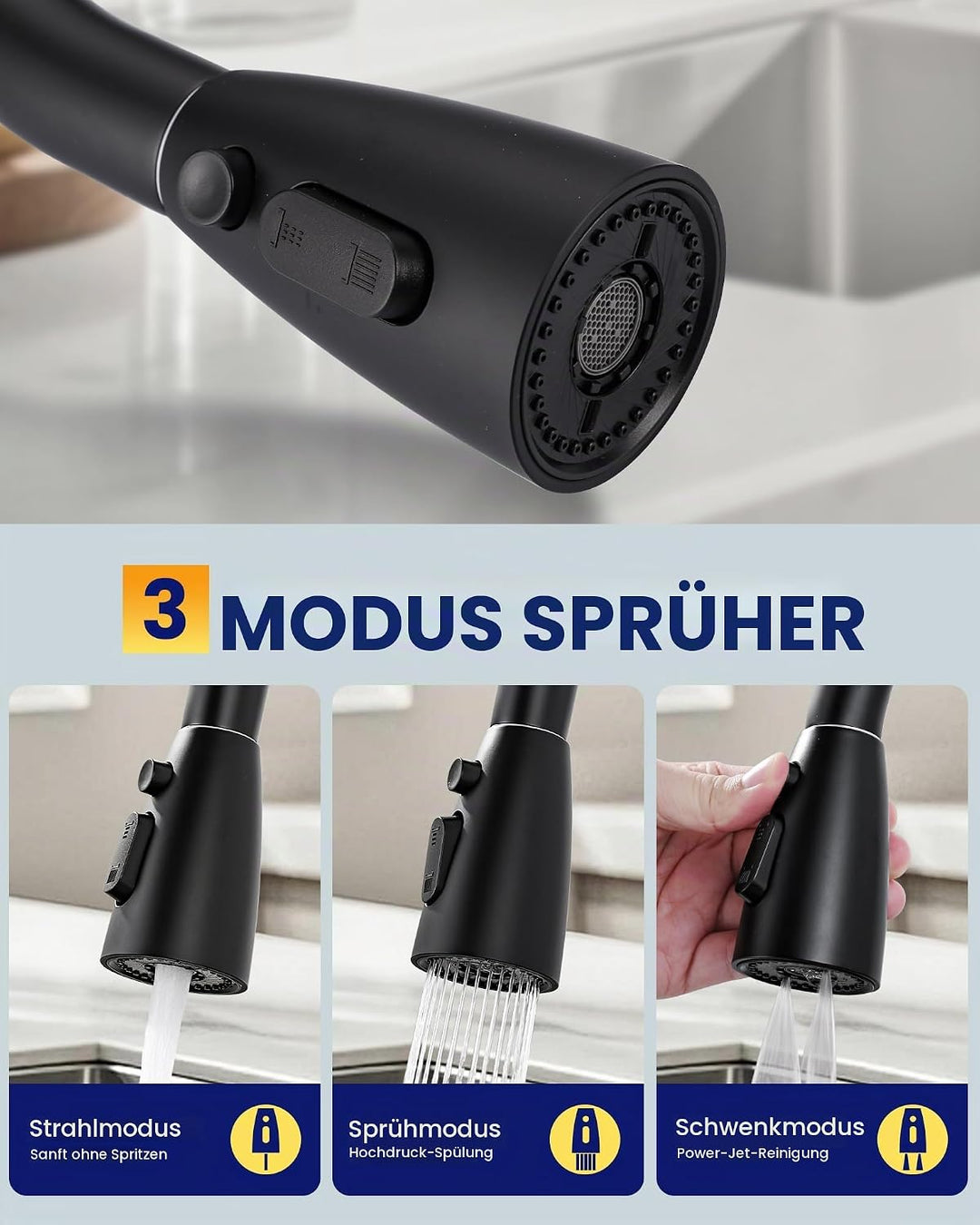 ARCORA Wasserhahn Küche, Hochdruck Küchenarmatur Ausziehbar aus Edelstahl mit M24 Aerator Wasserspar