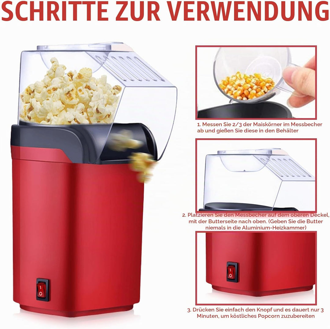 Heissluft Popcornmaschine 1200W, Popcorn Maker ohne Öl Fettfrei BPA frei Schnell in 3 Minuten One To
