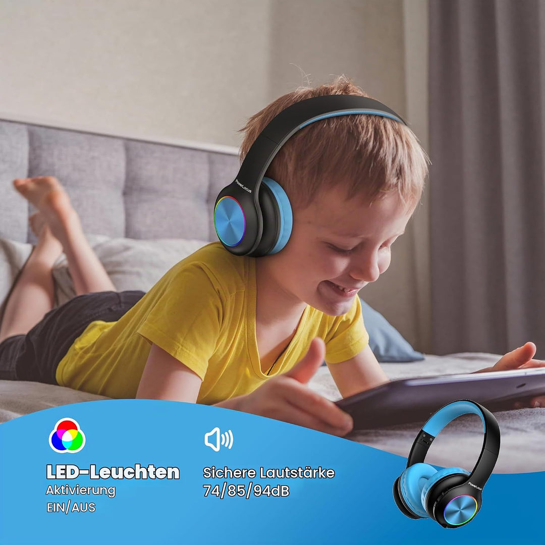 Kinderkopfhörer Bluetooth, PowerLocus Kinder Kopfhörer Kabellos mit LED-Leuchten 74/85/94dB Lautstär