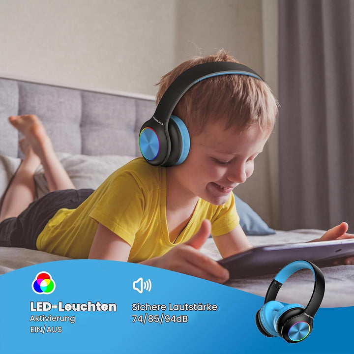 Kinderkopfhörer Bluetooth, PowerLocus Kinder Kopfhörer Kabellos mit LED-Leuchten 74/85/94dB Lautstär