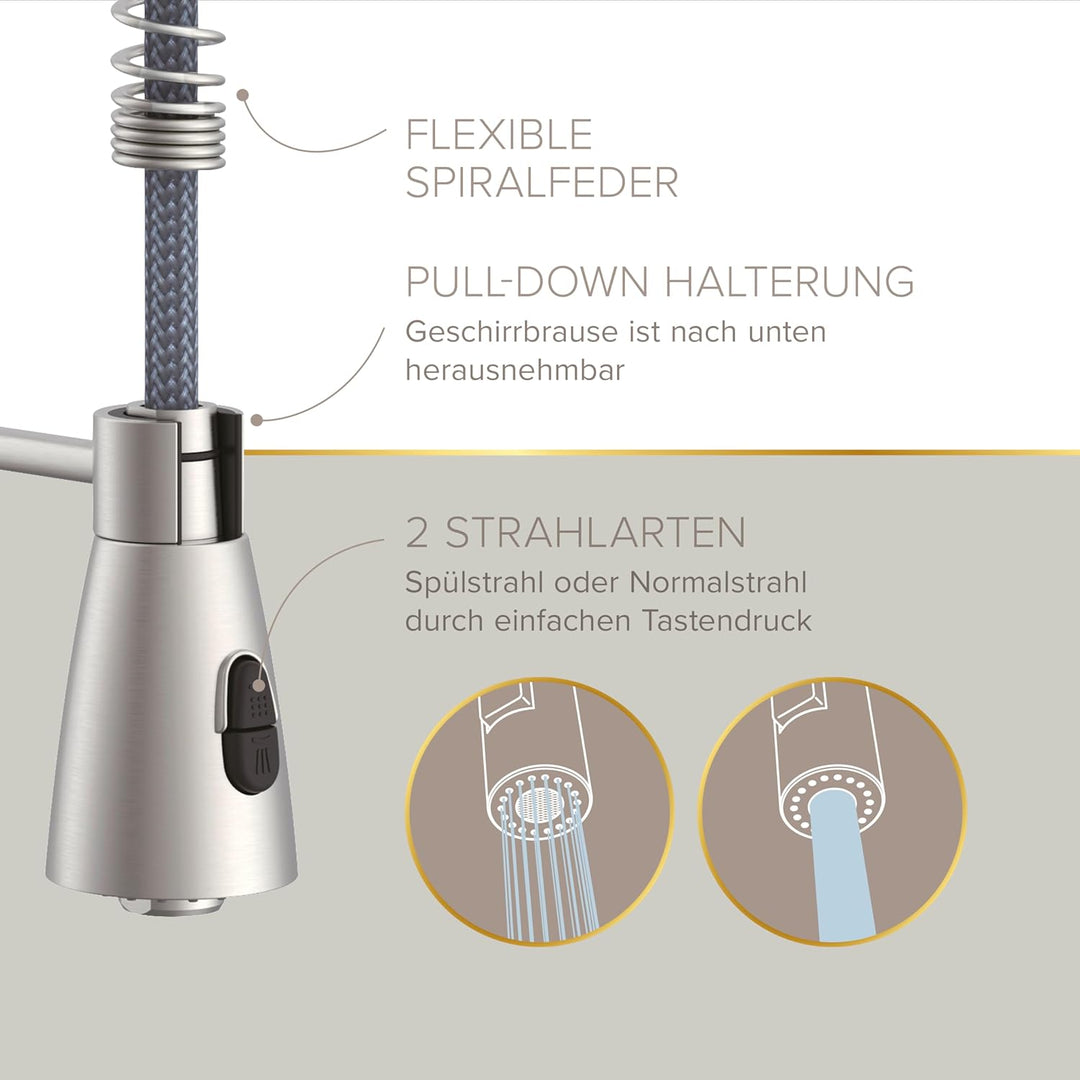 Lenz Küchenarmatur KALANI² in Edelstahl-Optik – mit verstellbarer Geschirrbrause – einfache Installa