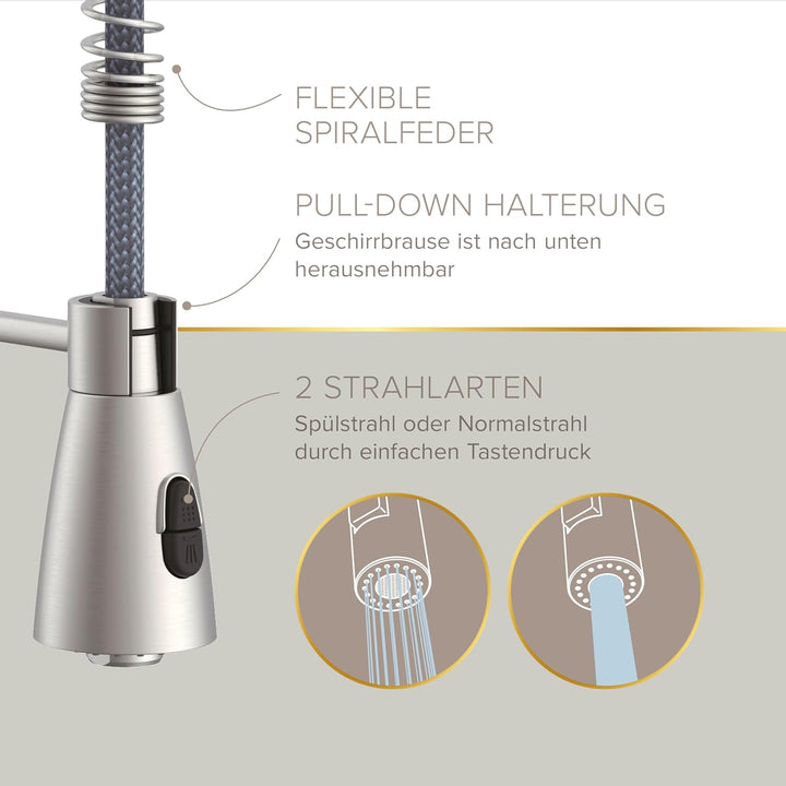 Lenz Küchenarmatur KALANI² in Edelstahl-Optik – mit verstellbarer Geschirrbrause – einfache Installa