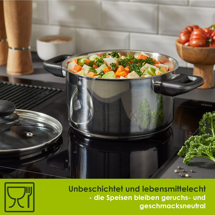 Level One Topf Kochtopf Fleischtopf 24 cm Induktion, Edelstahl unbeschichtet inkl. Glasdeckel | 13,5