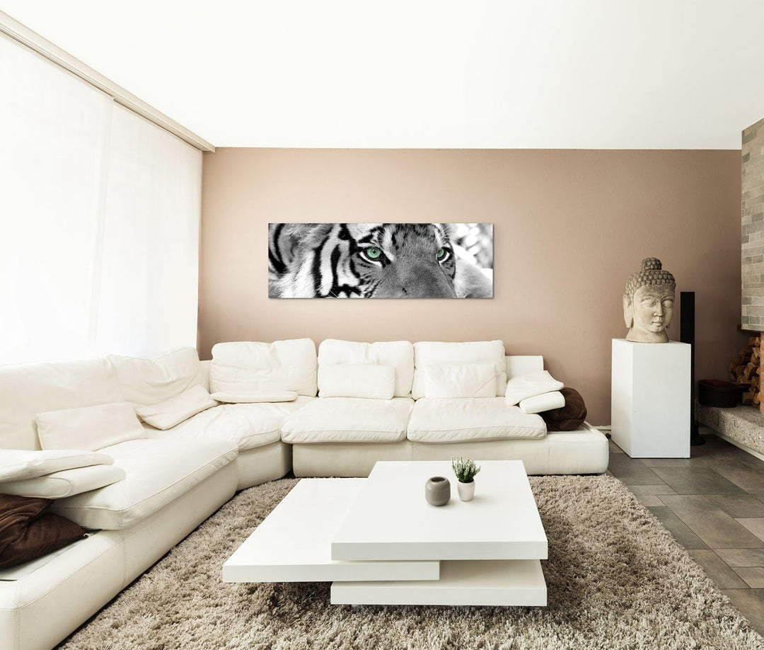 Sinus Art Leinwandbild 150x50cm Künstlerische Fotografie – Weisser Tiger mit grünen Augen, 150x50cm