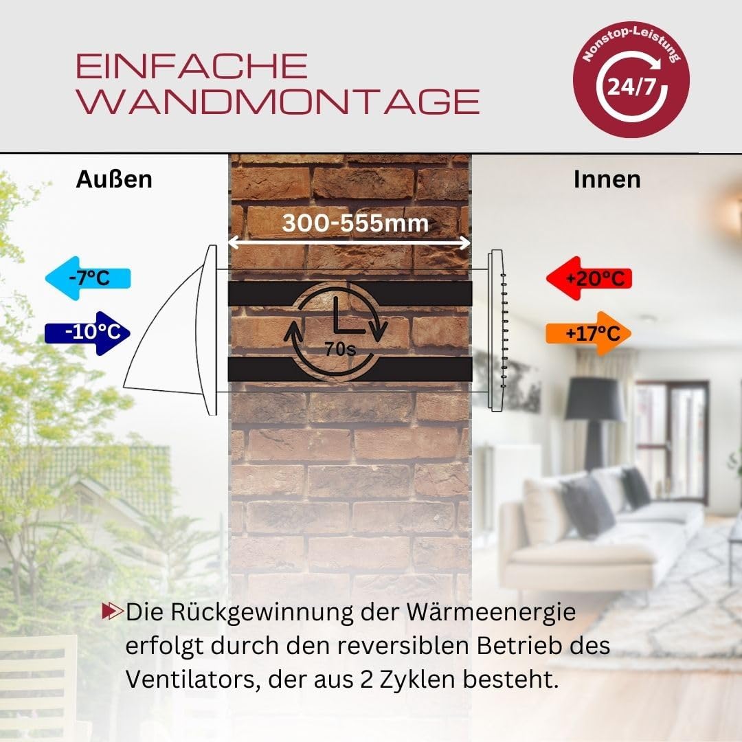 Ø 100mm Dezentrale Wohnraumlüftung mit Wärmerückgewinnung / Mit Kabel und Zugschnur Mit Kabel und Zu