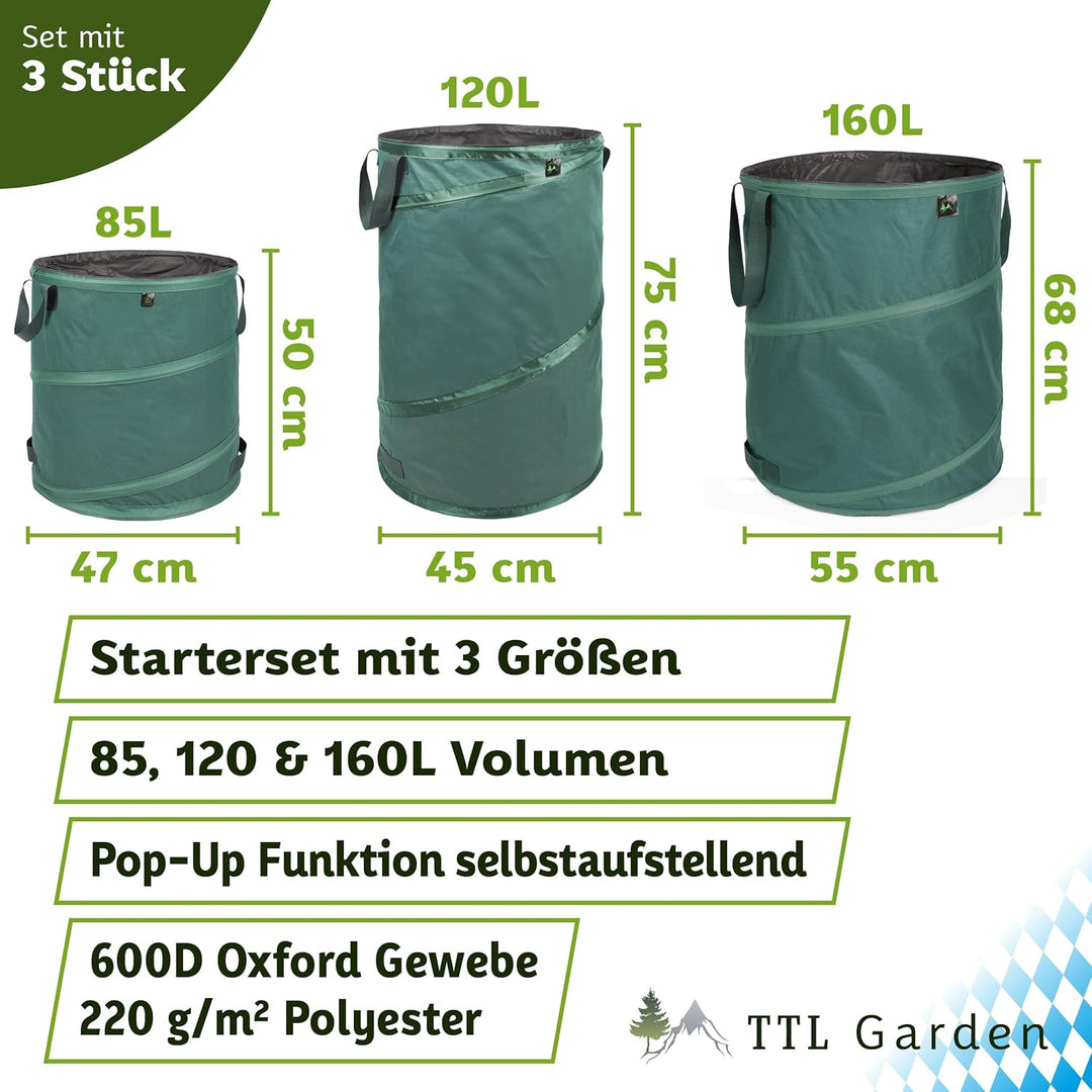 TTL Garden 1x85L 1x120L 1x160L Starter Set Pop Up Gartensack Premium - 220gsm 600D Oxford Gewebe sel