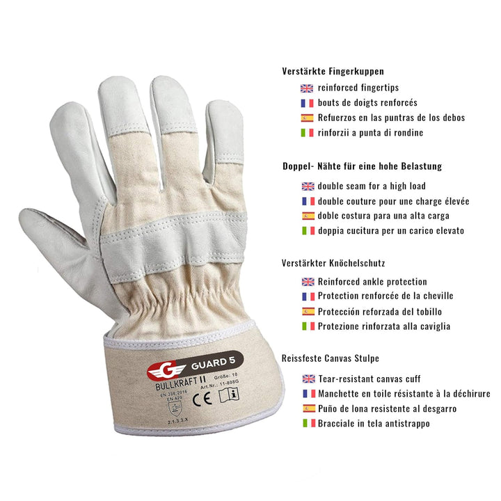 GUARD 5 - Leder Arbeitshandschuhe 12 Paar Gr.9 - Rind- Vollleder Handschuhe - hochwertiger, robuster