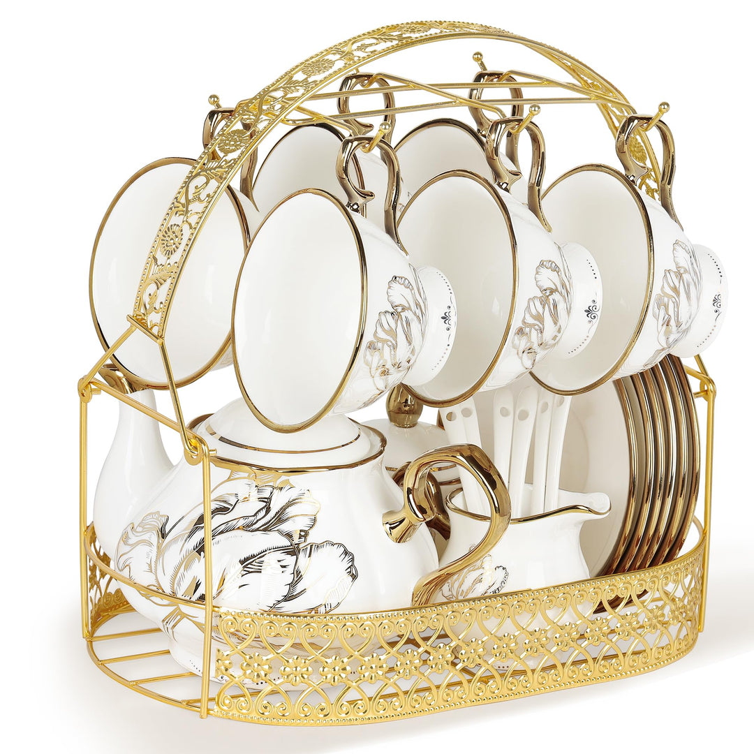 fanquare 21 Stück Britisch Vintage Porzellan Teeservice, Gold Florales Teeservice mit Goldrand, Kaff