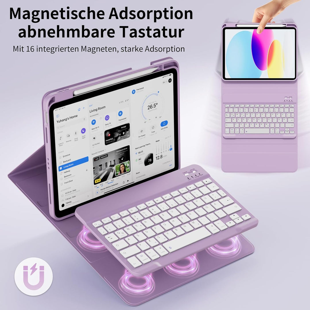 Hülle mit Tastatur für iPad A16 11/10 Gen 11/10,9 Zoll 2025/2022 Hellviolett-2, Hellviolett-2