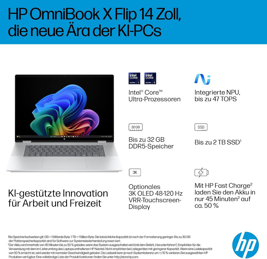 HP OmniBook X Flip Intel Core Ultra 5-226V 2in1 Next Gen AI Laptop, dedizierte NPU für KI, 40 NPU To