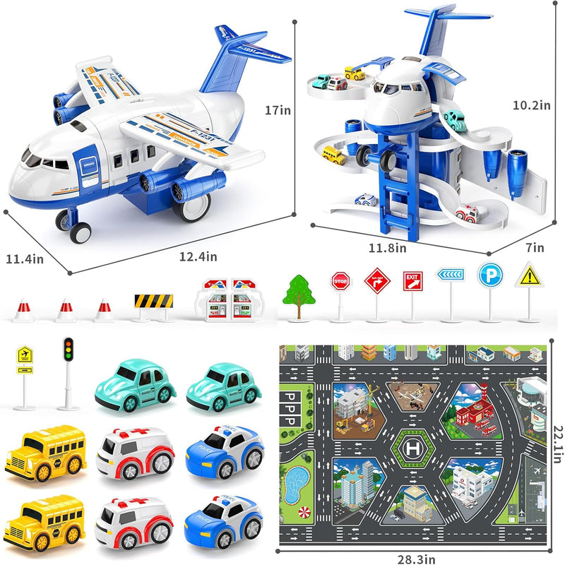 TEMI Kinder Flugzeug Spielzeug Rennstrecke Auto Spielzeug für 3 4 5 6 7 Jungen zu Transformed Flugze