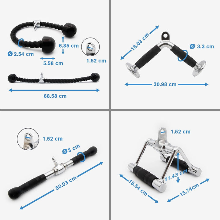 RitFit 4 TLG. Kabelmaschinen-Zubehör Set, LAT Pulldown Zubehör | inkl. V-Bar, Trizepsseil, Doppel-D-