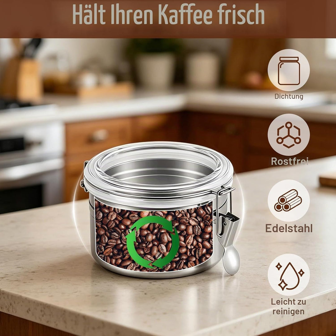 Kaffeedose Luftdicht, Vakuum Kaffeebehälter aus Edelstahl mit Deckel und Verschlussklammer, Aromados