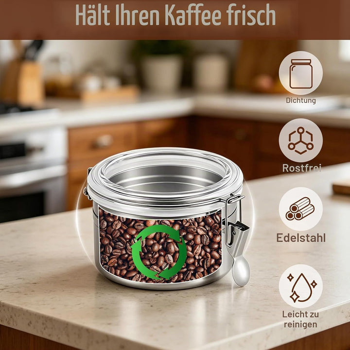 Kaffeedose Luftdicht, Vakuum Kaffeebehälter aus Edelstahl mit Deckel und Verschlussklammer, Aromados