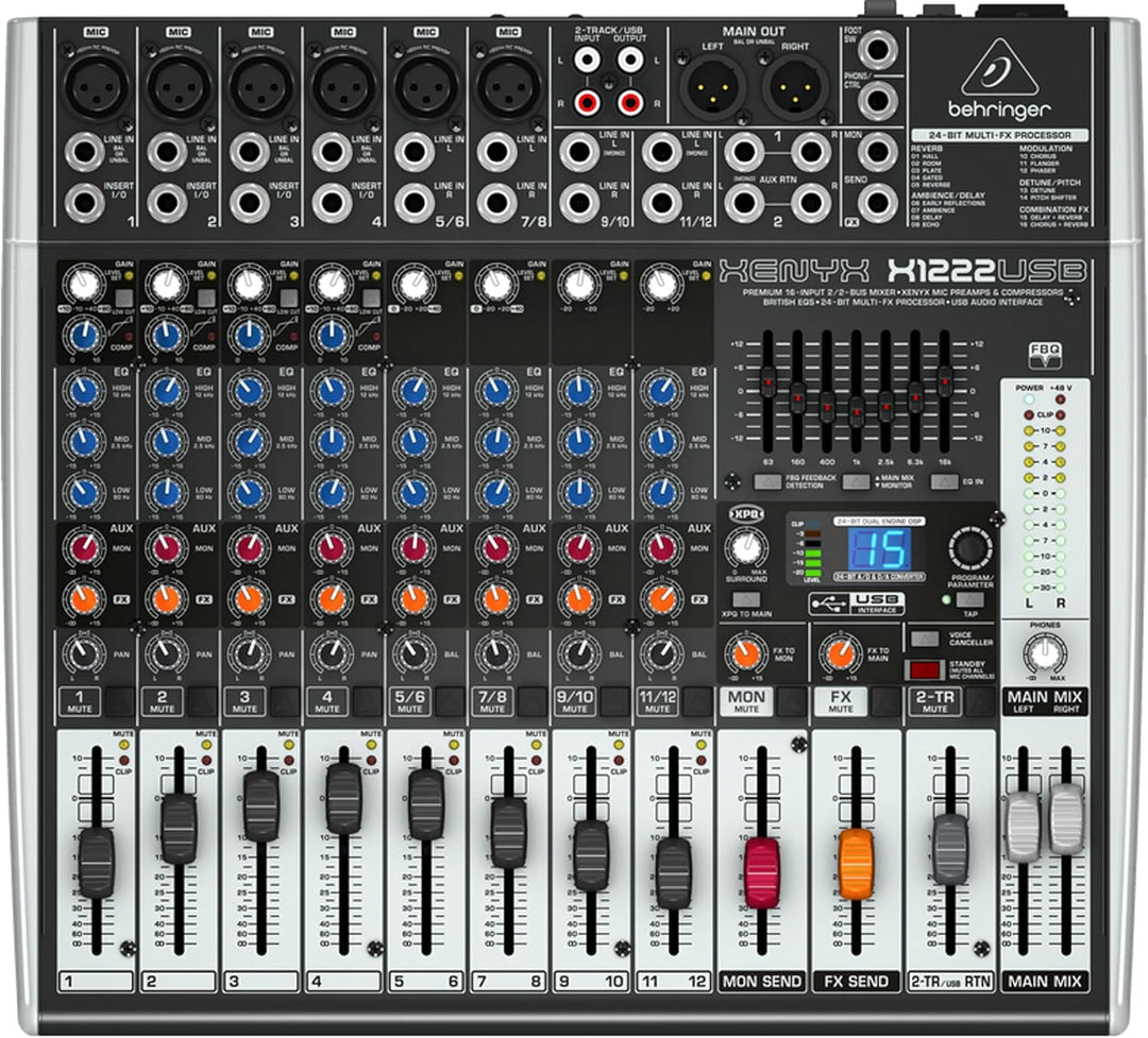 Behringer XENYX X1222USB Premium 16-Input 2/2-Bus Mixer mit XENYX Mic Preamps und Compressors, Briti