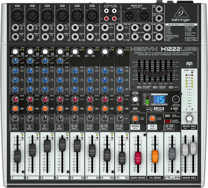 Behringer XENYX X1222USB Premium 16-Input 2/2-Bus Mixer mit XENYX Mic Preamps und Compressors, Briti