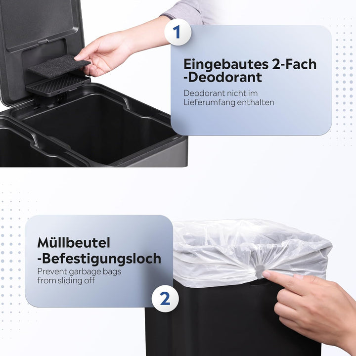 WLIVE Mülleimer 2 x 30L (60L Gesamtvolumen),Mülleimer Küche,Edelstahl Mülltrennsystem mit Mülleimer