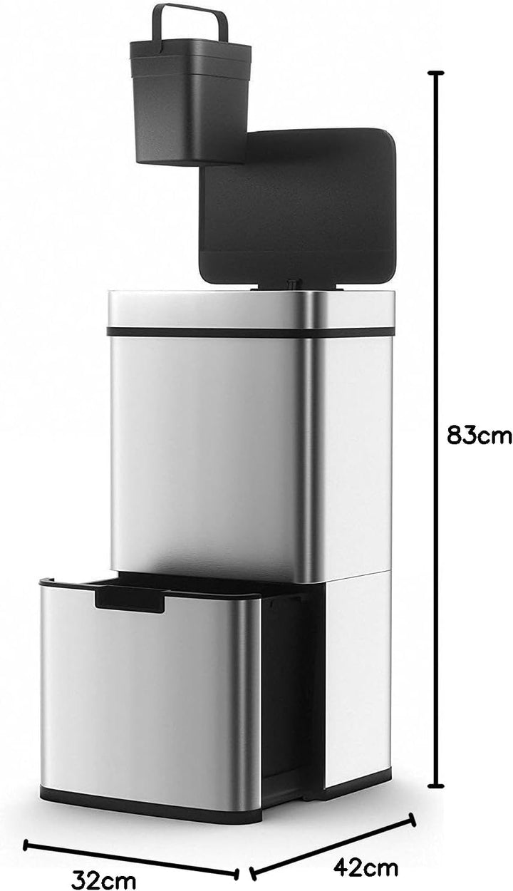 NARVIK Automatic Kitchen Bin Double Compartment 75l Edelstahl Recycling grosse Kapazität und 3l Tabe