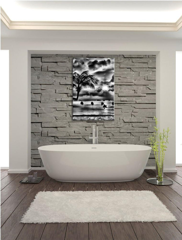Pixxprint Monocrome, Palmen an Traumstrand, Format: 100x70 auf Leinwand, 100x70
