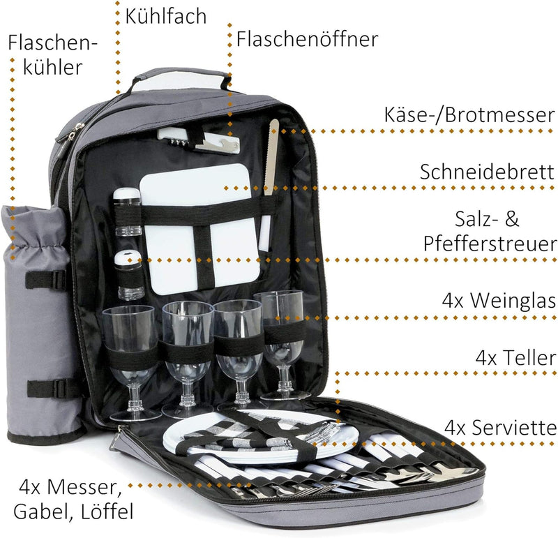 CampFeuer Picknick Rucksack für 4 Personen | Grau | Picknickset 31-teilig | inkl. Flaschenhalter, gr