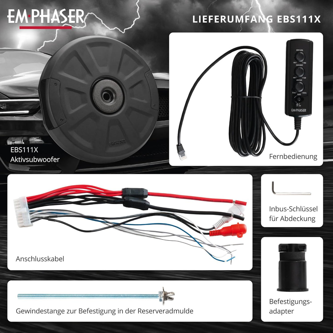 EMPHASER EBS111X – Aktivsubwoofer für Reserveradmulde oder Ersatzrad – 28 cm / 11" Auto Subwoofer mi