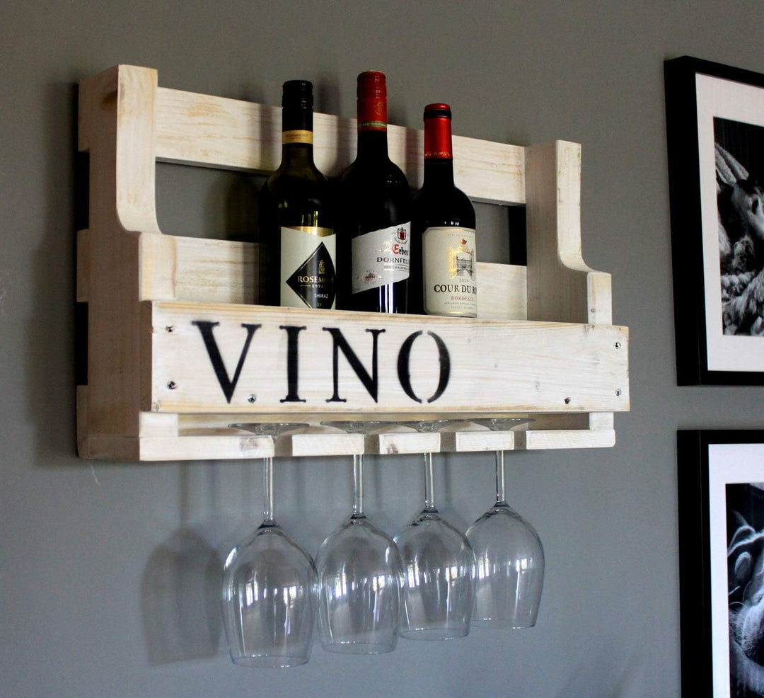Dekorie Weinregal aus Holz für die Wand - mit Gläserhalter und VINO Schriftzug - Weiss - fertig mont