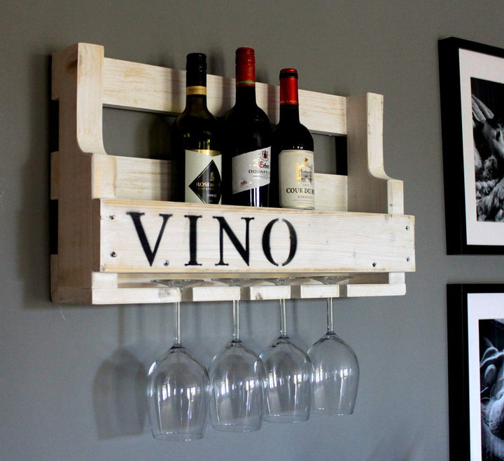 Dekorie Weinregal aus Holz für die Wand - mit Gläserhalter und VINO Schriftzug - Weiss - fertig mont