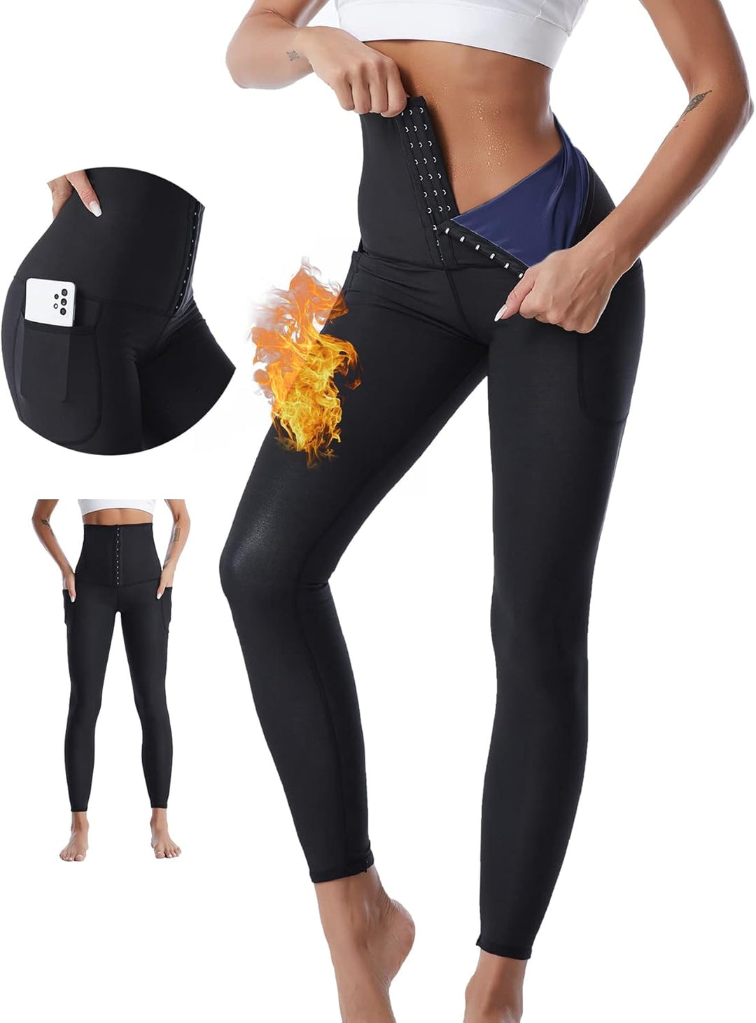 Merlvida Schwitzhose zum Abnehmen Sauna Leggings Damen High Waist Sportleggins mit Taschen Hot Therm